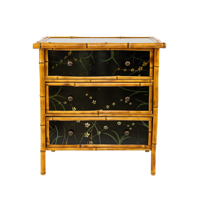 A Bamboo and Black Lacquered Chest with Hand Painted Floral Decor