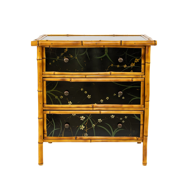 A Bamboo and Black Lacquered Chest with Hand Painted Floral Decor