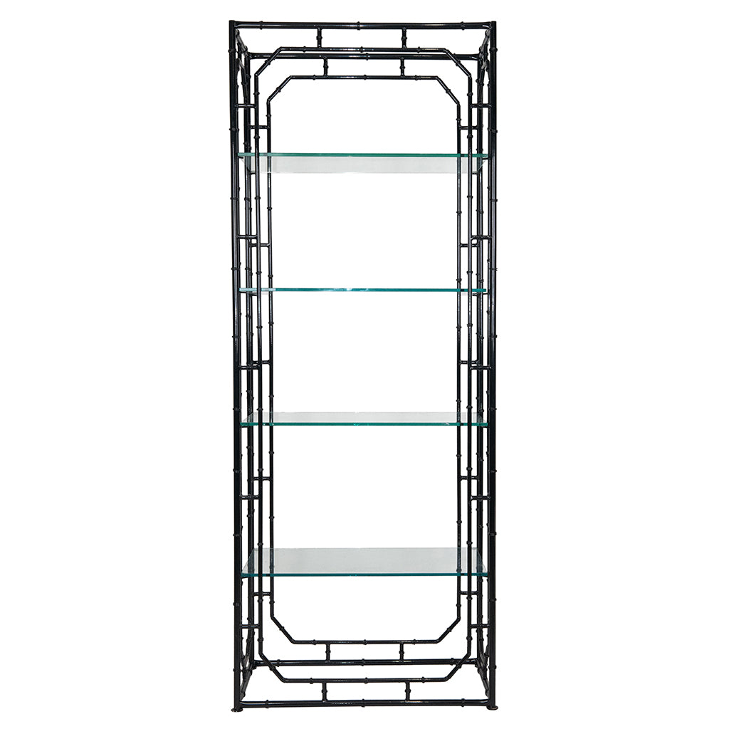 A Pair of Faux Bamboo Black Lacquered Étagères with Glass Shelves