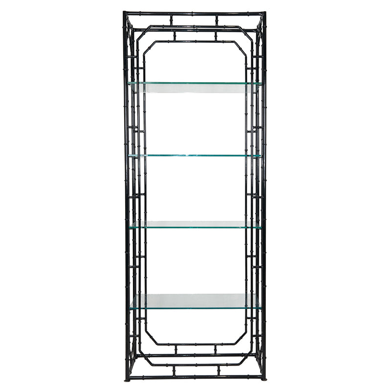 A Pair of Faux Bamboo Black Lacquered Étagères with Glass Shelves
