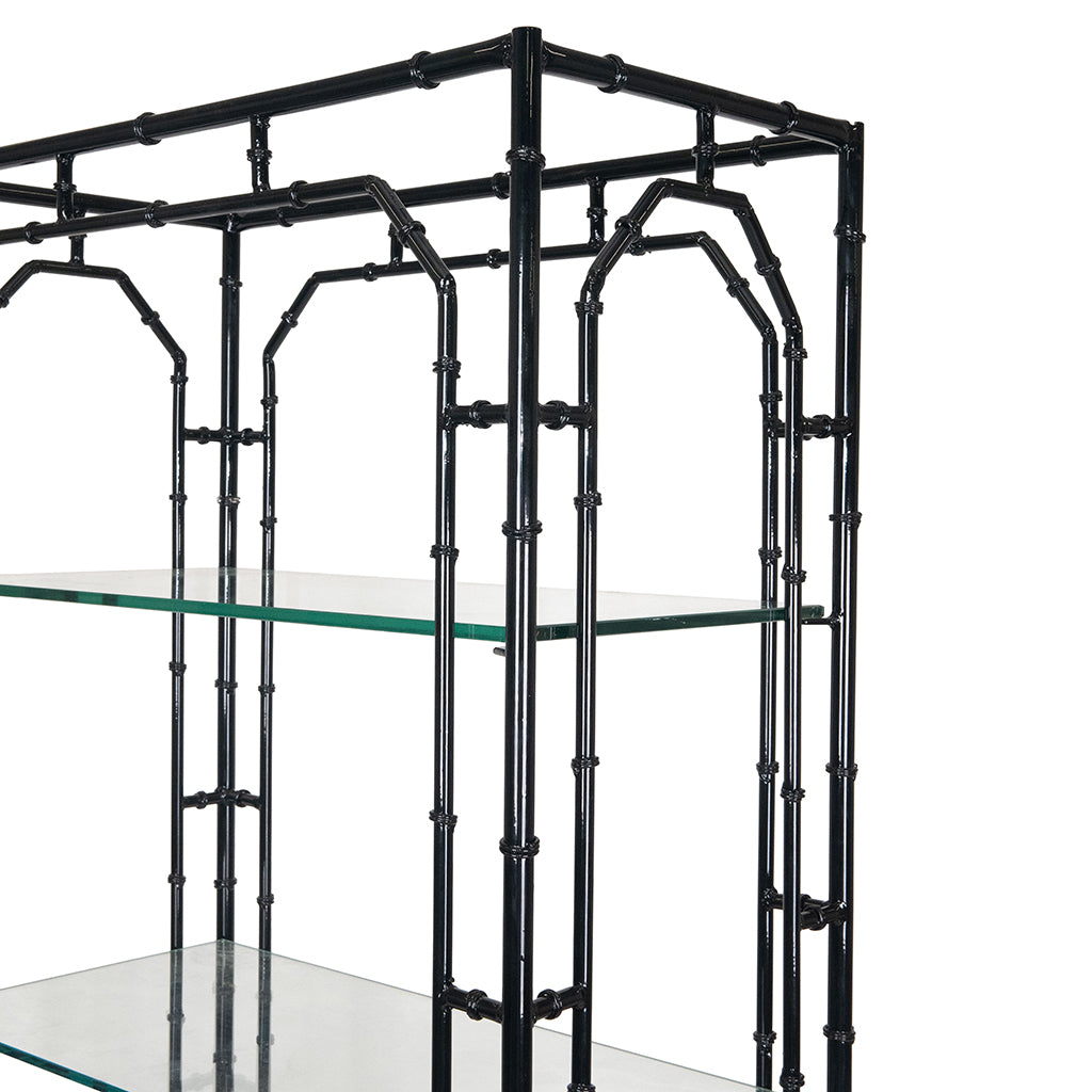 A Pair of Faux Bamboo Black Lacquered Étagères with Glass Shelves