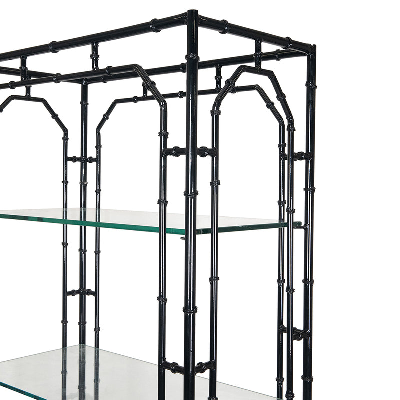A Pair of Faux Bamboo Black Lacquered Étagères with Glass Shelves