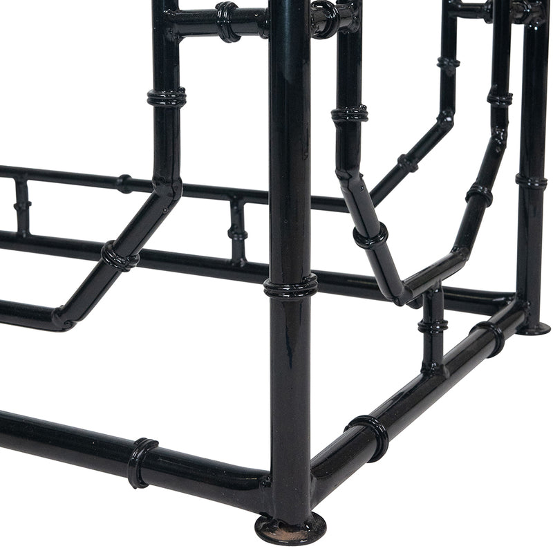 A Pair of Faux Bamboo Black Lacquered Étagères with Glass Shelves