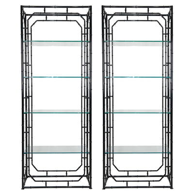 A Pair of Faux Bamboo Black Lacquered Étagères with Glass Shelves