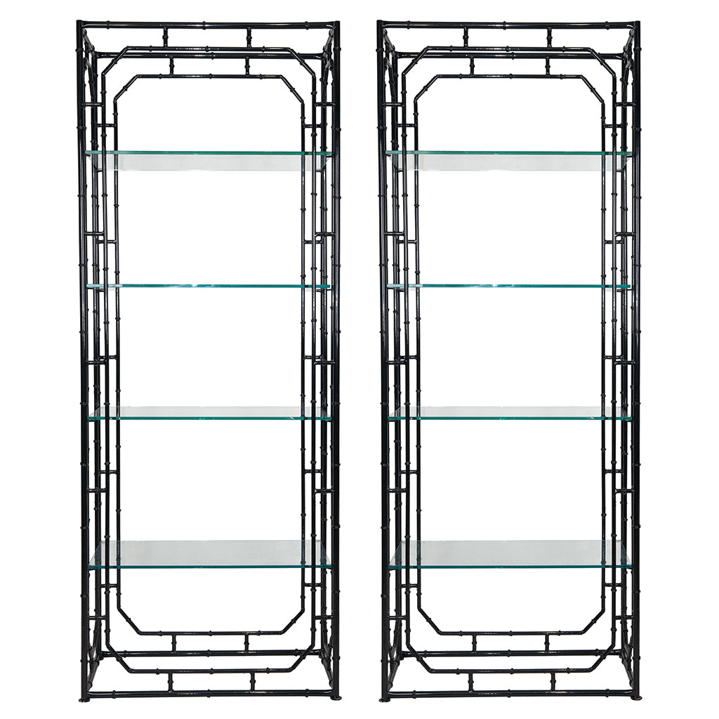 A Pair of Faux Bamboo Black Lacquered Étagères with Glass Shelves