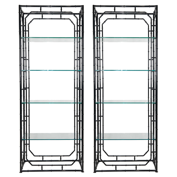 A Pair of Faux Bamboo Black Lacquered Étagères with Glass Shelves