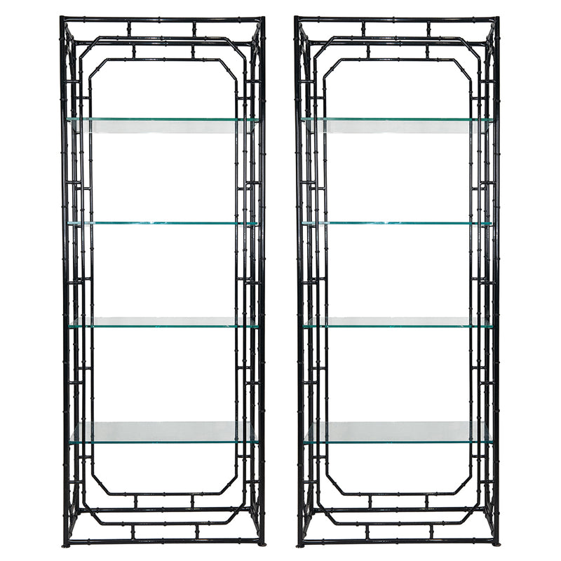 A Pair of Faux Bamboo Black Lacquered Étagères with Glass Shelves