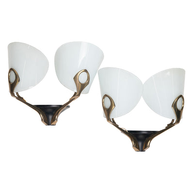 Pair of Brass and Lacquer Metal Sconces with Curved Glass Reflectors