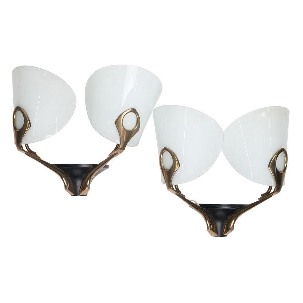 Pair of Brass and Lacquer Metal Sconces with Curved Glass Reflectors