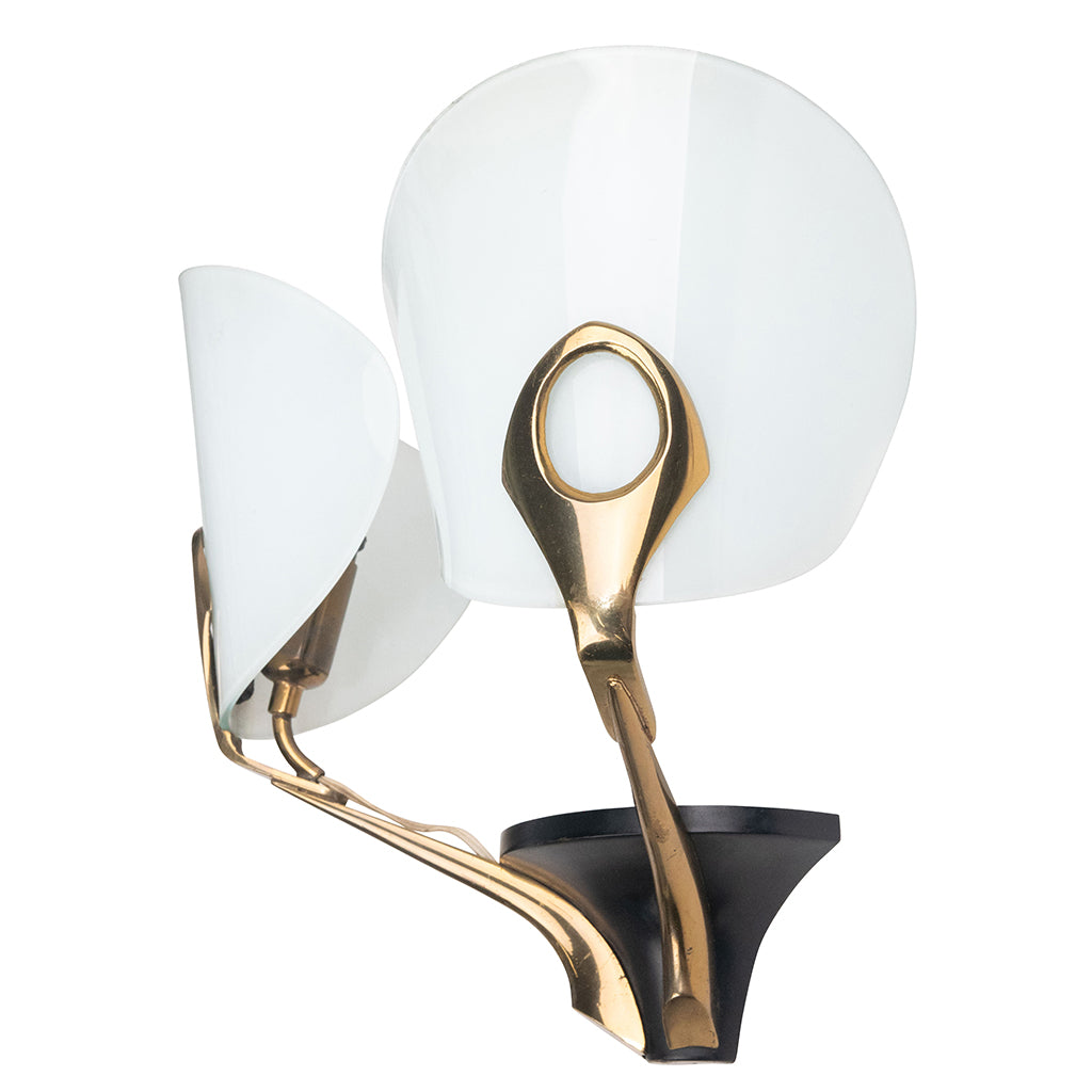 Pair of Brass and Lacquer Metal Sconces with Curved Glass Reflectors