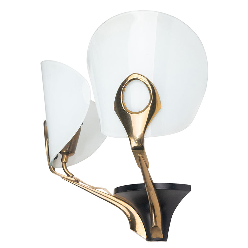 Pair of Brass and Lacquer Metal Sconces with Curved Glass Reflectors