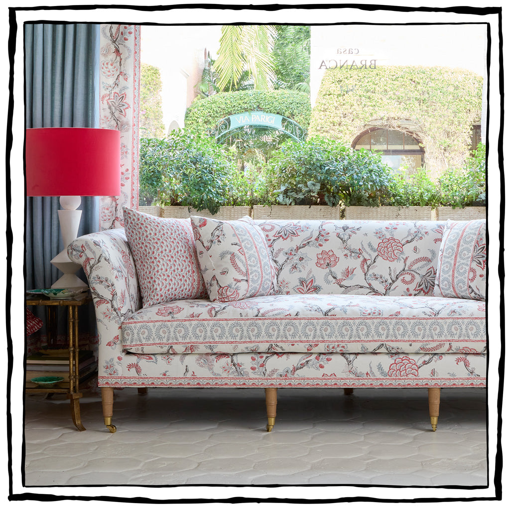 Brighton Straight Back Sofa in Palampore in Sky and Coral