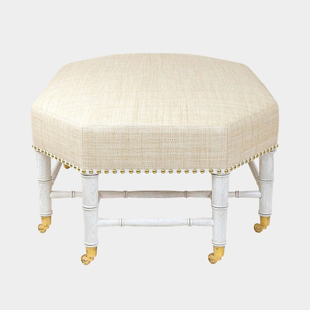 Brighton Octagonal Ottoman in Ivory Raffia Quadri with Off-White Finish