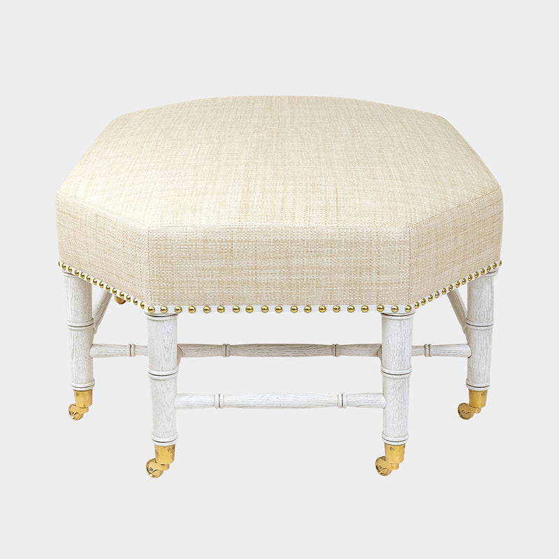 Brighton Octagonal Ottoman in Ivory Raffia Quadri with Off-White Finish