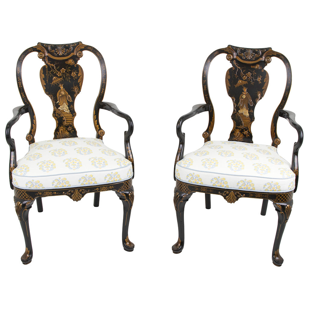 Pair of Japanned Armchairs with Chinoiserie Design