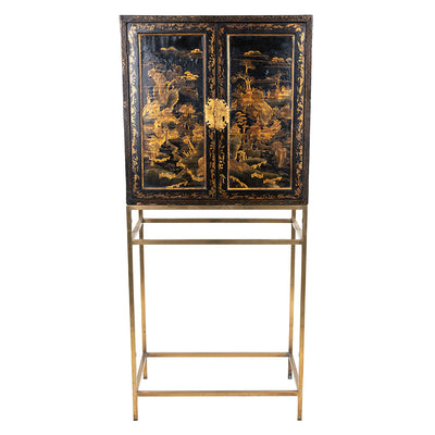 19th Century Japanned Black and Gilt Cabinet on Modern Brass Stand