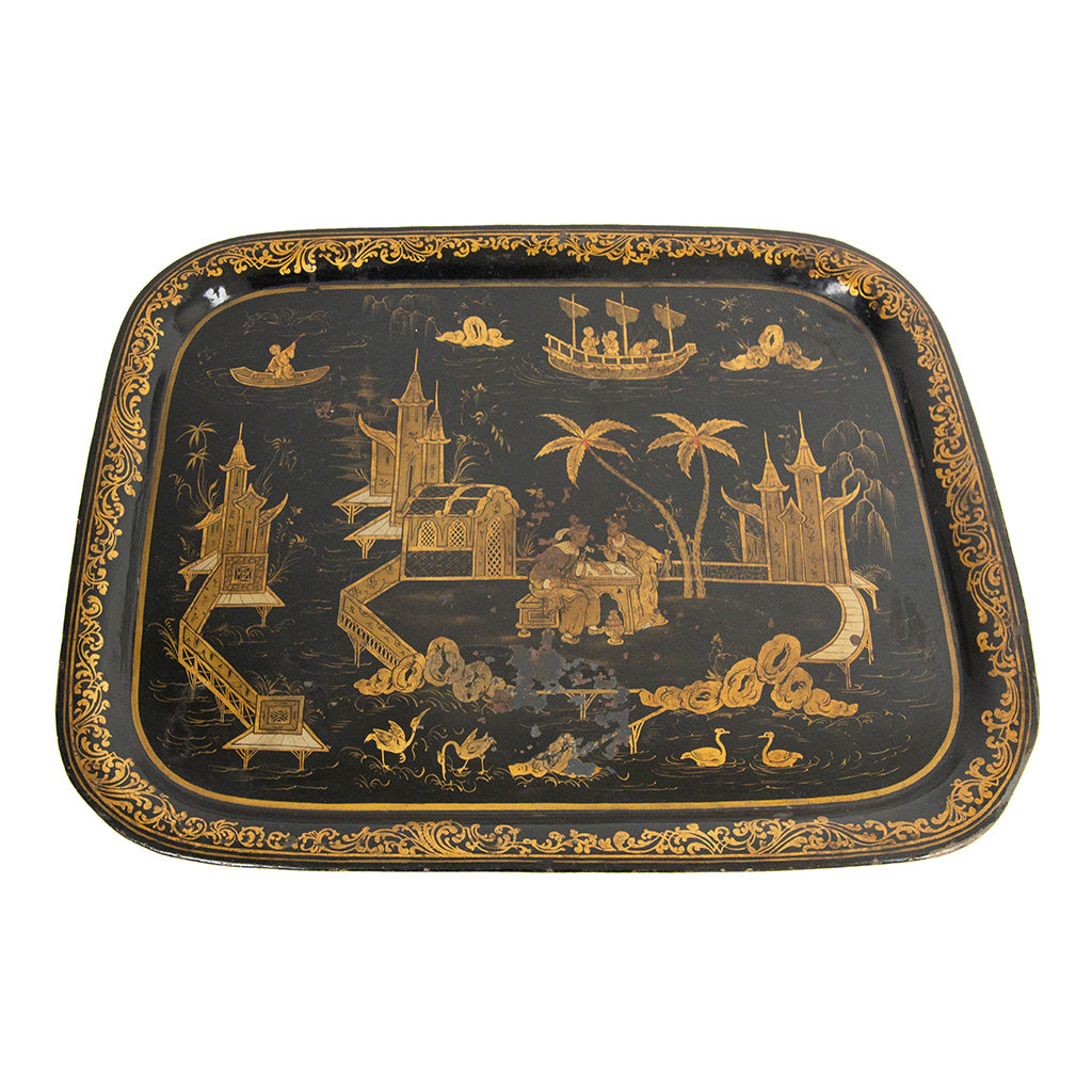 Oversized Japanned Toleware Tray with Maritime Imagery