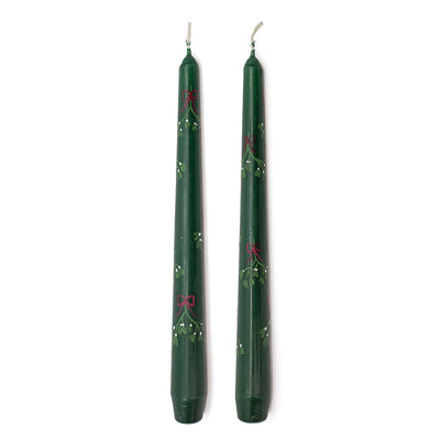 Pair of Hand-Painted Green Mistletoe Candles