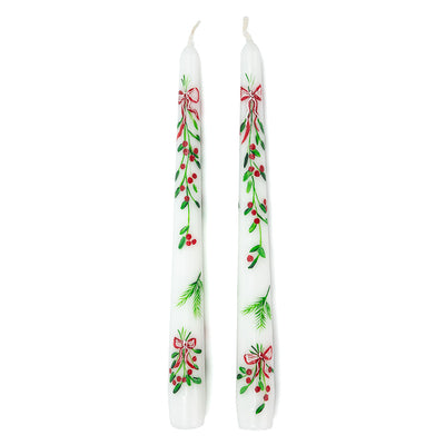 Pair of Hand-Painted White Mistletoe Candles