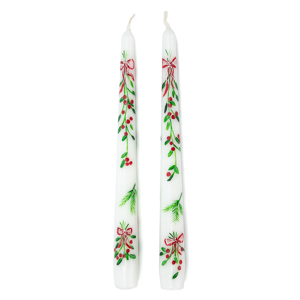 Pair of Hand-Painted White Mistletoe Candles