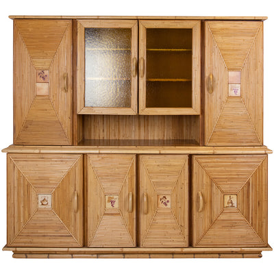 A Pencil Rattan Hutch with Glass Doors and Painted Inset Ceramic Tiles