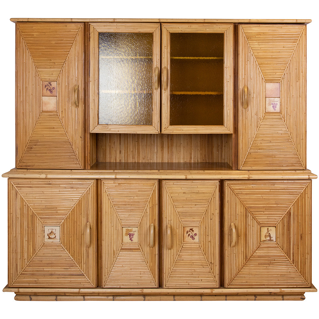 A Pencil Rattan Hutch with Glass Doors and Painted Inset Ceramic Tiles