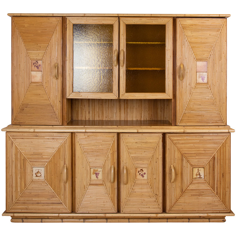 A Pencil Rattan Hutch with Glass Doors and Painted Inset Ceramic Tiles