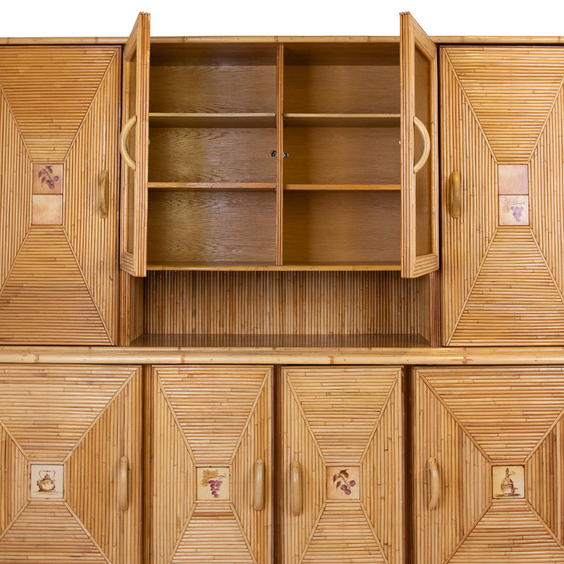 A Pencil Rattan Hutch with Glass Doors and Painted Inset Ceramic Tiles