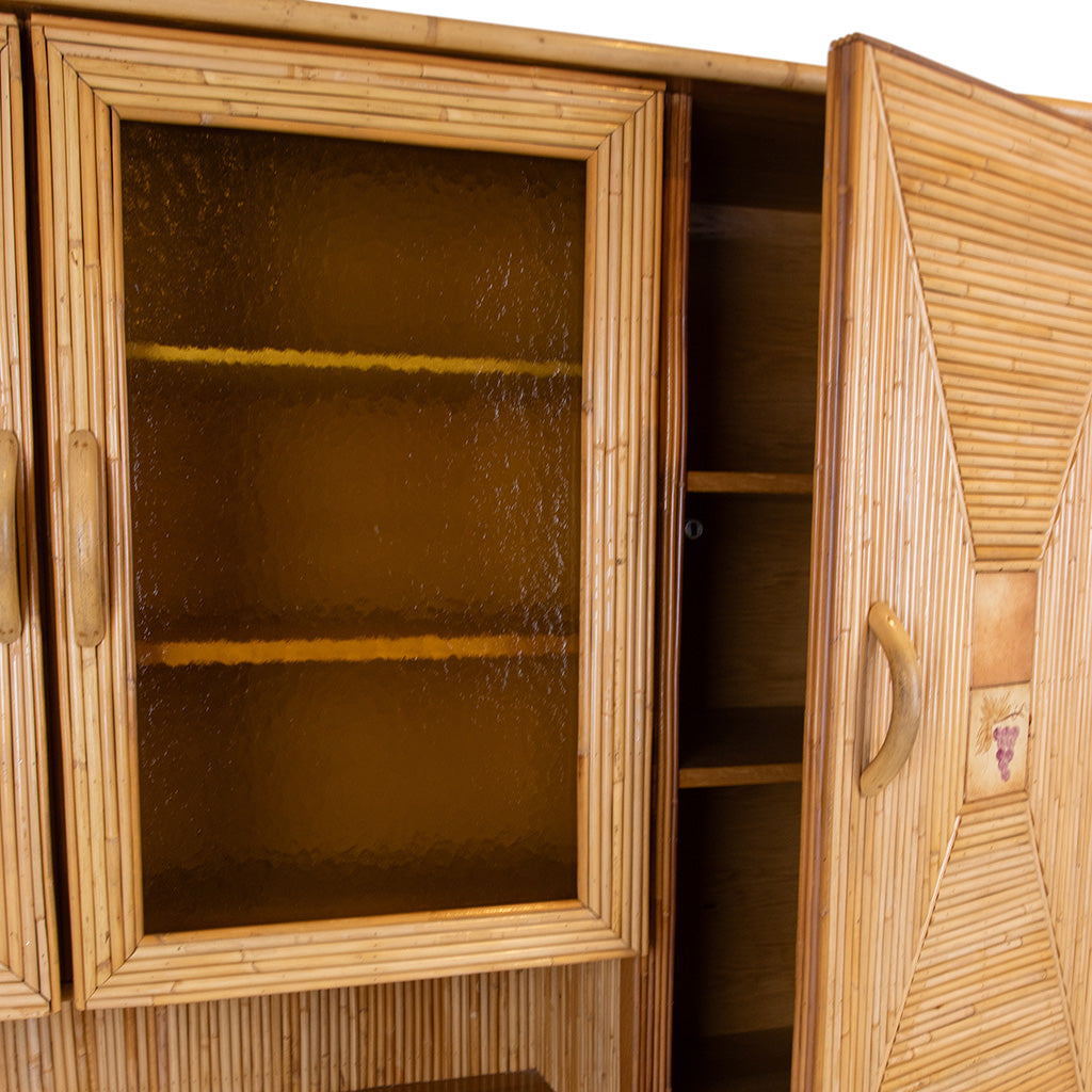 A Pencil Rattan Hutch with Glass Doors and Painted Inset Ceramic Tiles