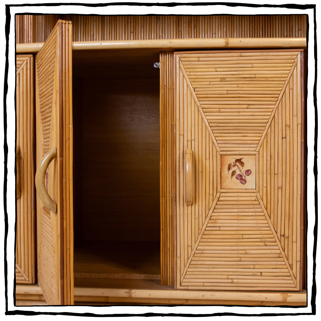 A Pencil Rattan Hutch with Glass Doors and Painted Inset Ceramic Tiles