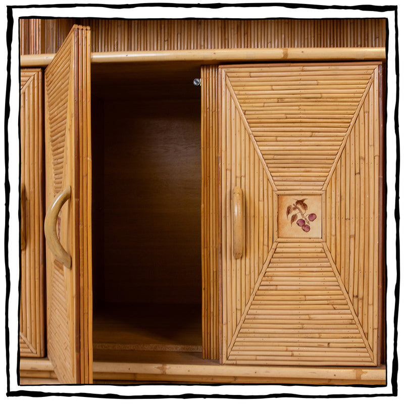 A Pencil Rattan Hutch with Glass Doors and Painted Inset Ceramic Tiles