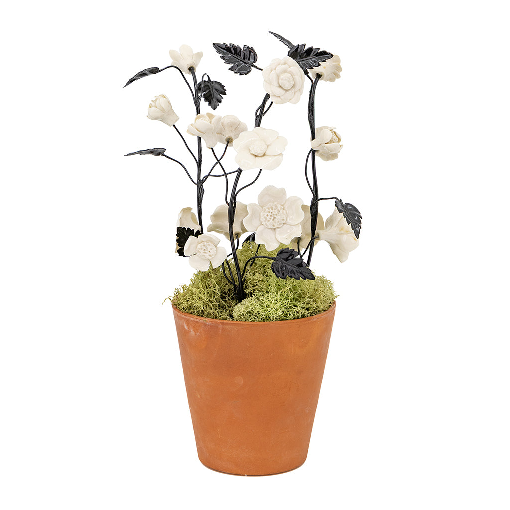 Porcelain Pansies with Black Tole Leaves in a Terracotta Pot
