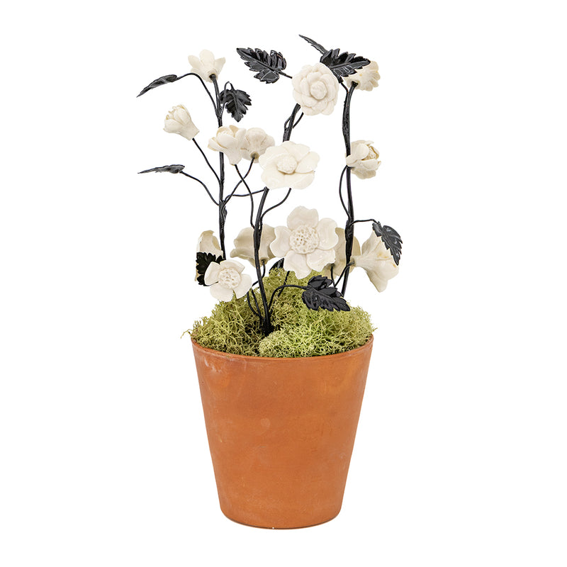 Porcelain Pansies with Black Tole Leaves in a Terracotta Pot