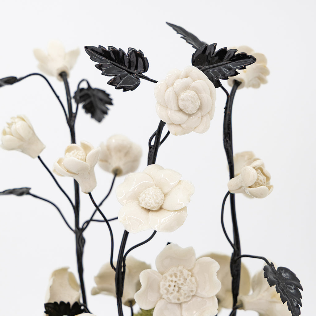 Porcelain Pansies with Black Tole Leaves in a Terracotta Pot
