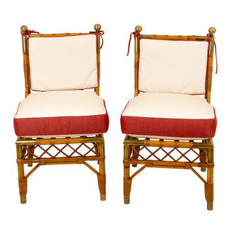 Pair of Rattan Chauffeuses with Brass Details and Decorative Brass Finials