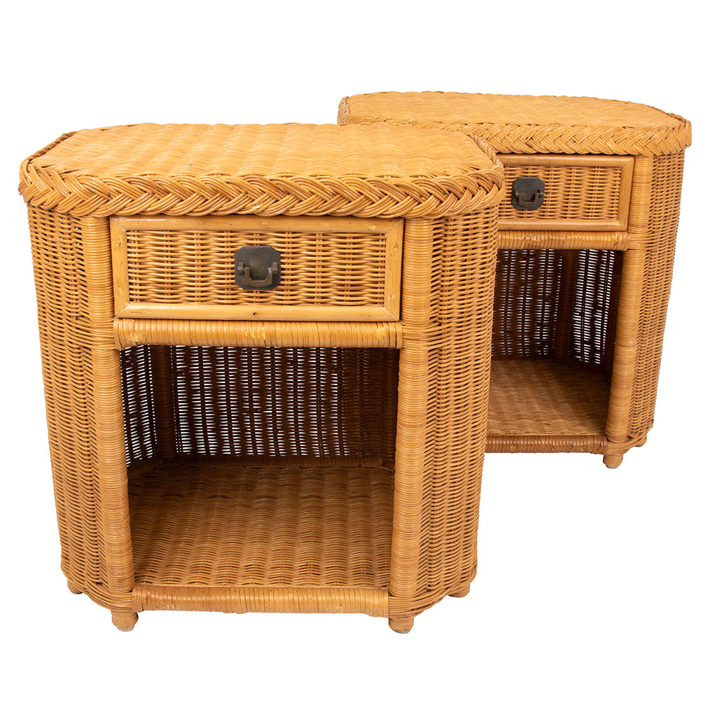 Pair of Vintage Rattan Side Tables with Brass Hardware