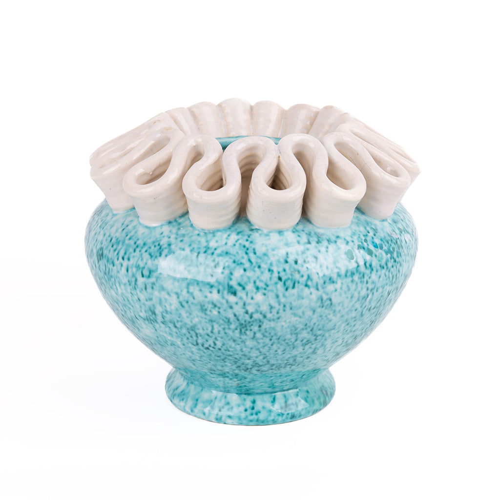 Small Round Turquoise Ceramic Vase with Wavy White Collar