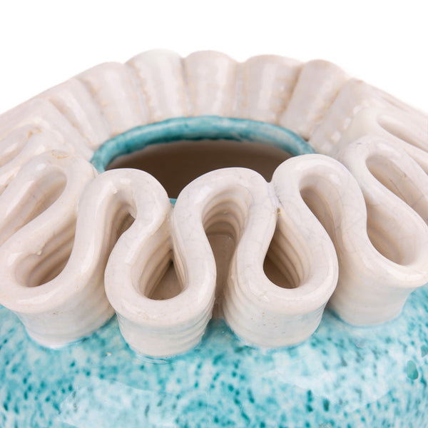 Small Round Turquoise Ceramic Vase with Wavy White Collar