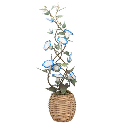 Large Blue Porcelain Morning Glory in an Oval Rattan Cachepot