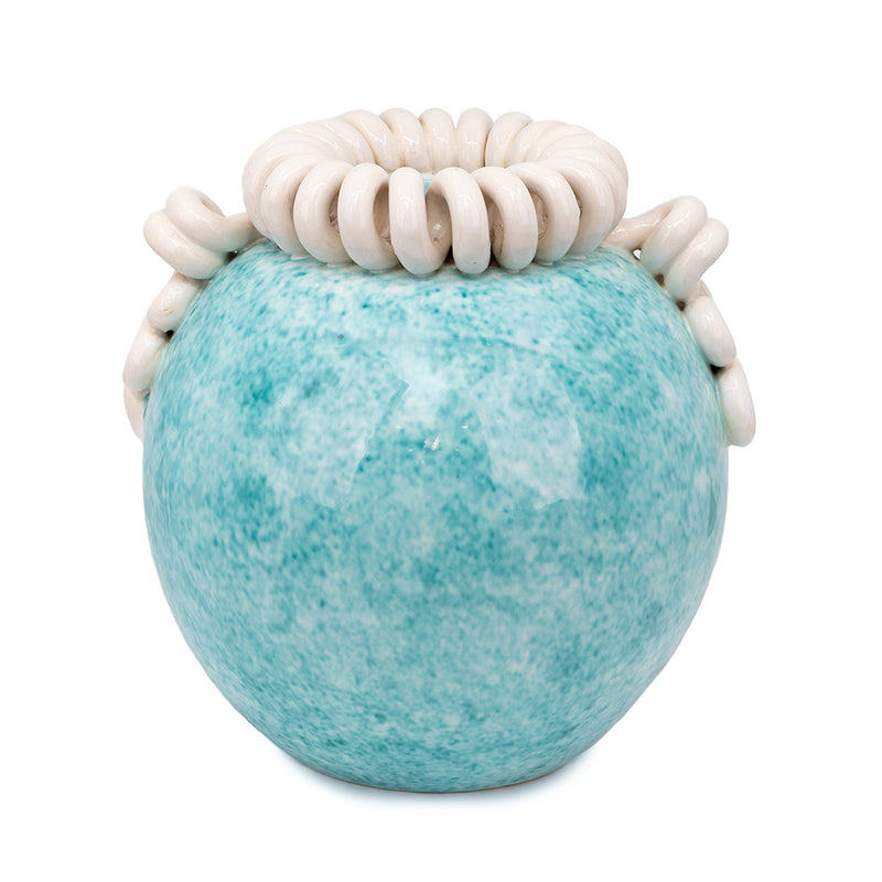 Turquoise Ceramic Vase with Curled White Collar