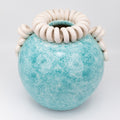 Turquoise Ceramic Vase with Curled White Collar