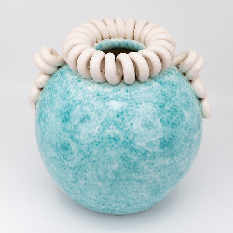 Turquoise Ceramic Vase with Curled White Collar