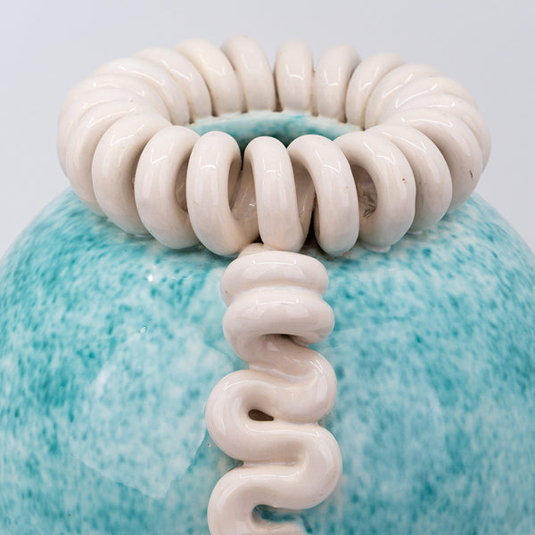 Turquoise Ceramic Vase with Curled White Collar