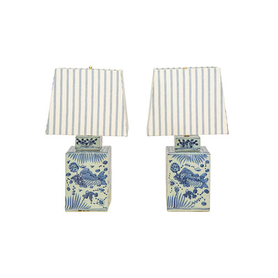 A Pair of Hand Painted Blue and White Porcelain Canton Tea Canister Lamps