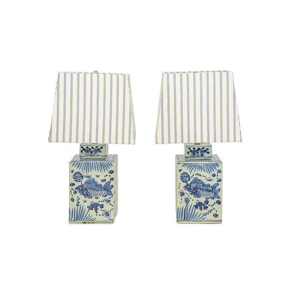 A Pair of Hand Painted Blue and White Porcelain Canton Tea Canister Lamps