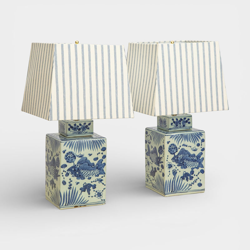 A Pair of Hand Painted Blue and White Porcelain Canton Tea Canister Lamps