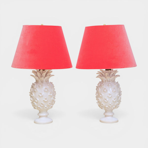 A Pair of Vintage White Faience Pineapple Lamps by Jean Roger