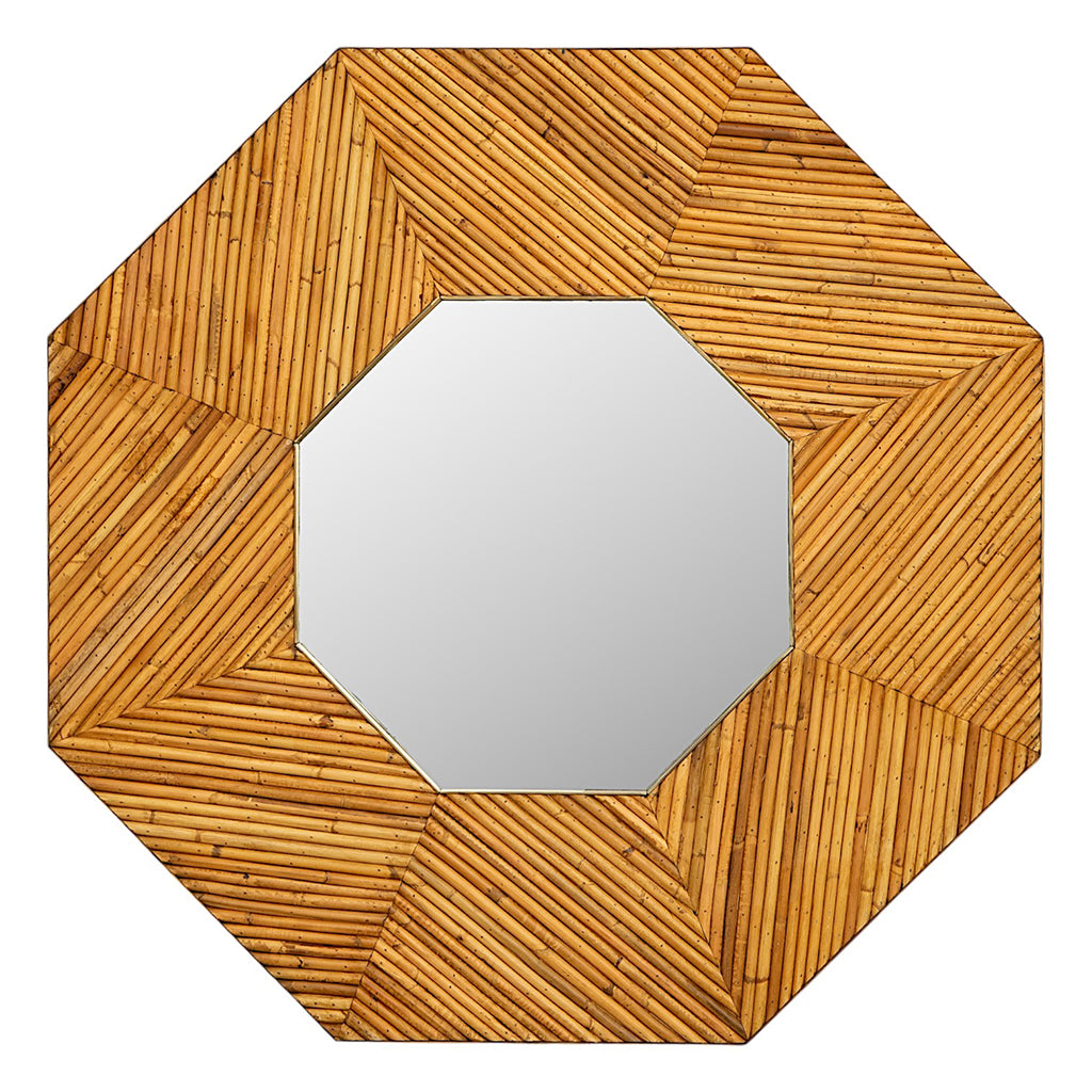 A Pair of Octagonal Shaped Pencil Rattan Mirrors with Brass Accents attributed to Vivai del Sud