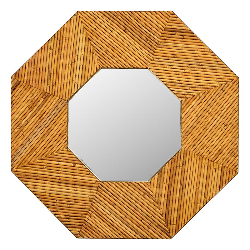 A Pair of Octagonal Shaped Pencil Rattan Mirrors with Brass Accents attributed to Vivai del Sud