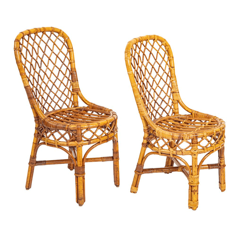 A Near Pair of Vintage Bielecky Round Rattan Chairs with Woven Seat